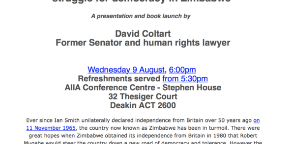 Details of Senator David Coltart’s book launch in Canberra on the 9th August 2017