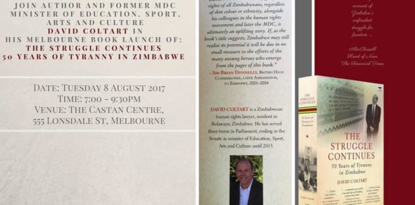 Details of Senator David Coltart’s book launch in Melbourne on the 8th August 2017